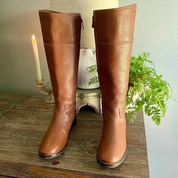 Tory Burch ‘Jolie’ Tall Luxury Riding Boots Pebbled Leather Womens 8.5 Tan Brown